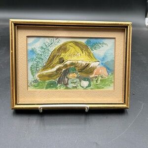 Charming Gold Framed Mushroom and frog Art, 1970s, garden